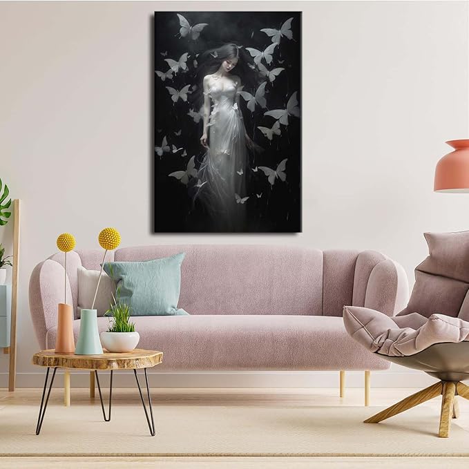 Vintage Gothic Feminine Canvas Wall Art Print Butterfly Poster Moody Female Wall Art Retro Artwork Dark College Decor for Home Bedroom28x40in Wood Framed