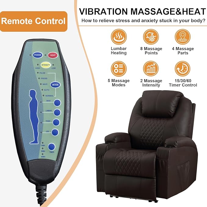 AHMED Power Recliner Chair with Vibration Massage & Heat for Adults, Faux Leather Home Theater Seating with Cup Holders/LED Lights/USB Ports/Side Pockets for Living Room, Brown