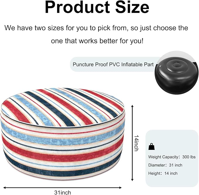 Inflatable Ottoman Stool D31 xH14 for Outdoor/Indoor Use, Water Repellent Patio Foot Rest Stool with Portable Handle,Round Pouf Ottoman Suitable for Garden,Deck and Camping - Stripe Red Blue