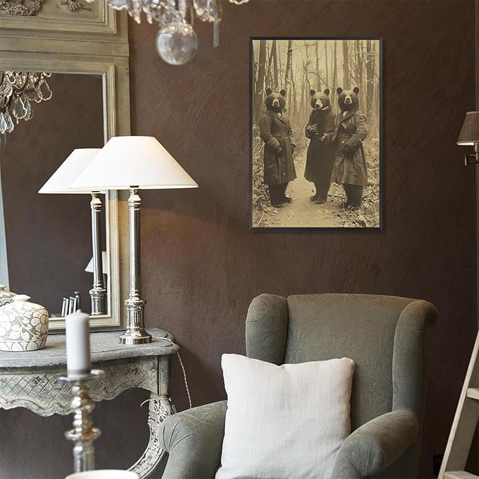 Vintage Horror Halloween Wall Decor Spooky The Three Bears In Occult Forest Spooky Canvas Wall Art Poster Gothic Dark Academia Decorations Room Creepy Print 12X16inch Aluminum Framed