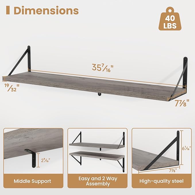 Heimlove 36 Inch Floating Bookshelves Set of 3,Wall Bookshelf Heavy Duty Wall Mounted Bookshelves for Living Room,Bedroom,Kitchen,Laundry Room Storage & Decor,Silver Grey