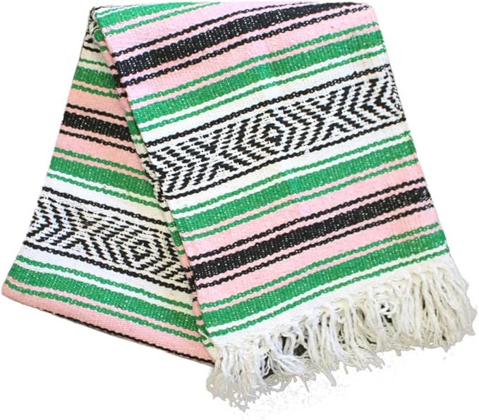 Del Mex Classic Mexican Blanket, Large Authentic Woven Falsa Throw (70"x50"), Artisan Southwest Décor for Beach, Yoga, Outdoors (Green/Pink)