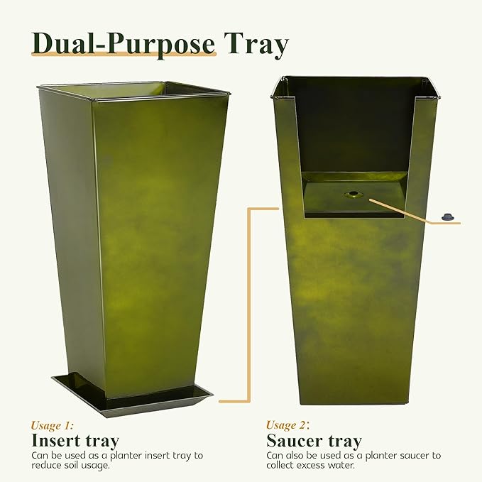 WORTH Garden Large Metal Glazed Planter Set of 2 (25" + 28"), Luxurious Glossy Finish Green Tall Square Tapered Steel Plant Pot, Decor Flower Pot Indoor & Outdoor, Drainage Hole & Dual-Purpose Saucer