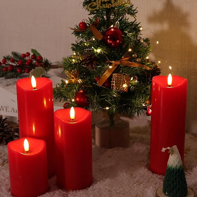 NURADA Outdoor Flameless Candles with Remote Timer - Waterproof Realistic Flickering LED Pillar Electric Battery Operated Fake Candle for Home Wedding Christmas Decor - 3 Pack Red(D3”H4”6”8”)