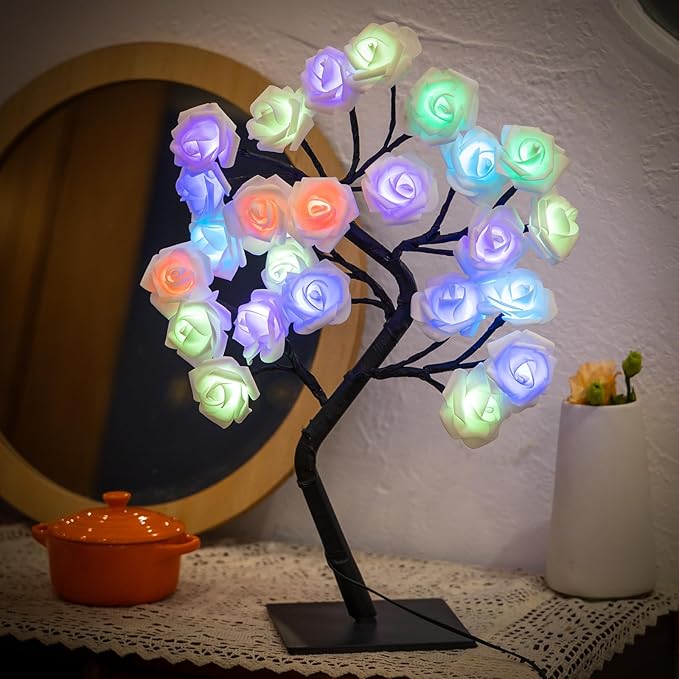 2 Pieces 18 Colors Rose Tree Lamp - Multicolor LED Rose Flower Night Light Pink Flower Lamp Rose Lamp Tabletop Bonsai Tree for Wedding Valentine's Day Decorations Wedding Girls Party Bedroom