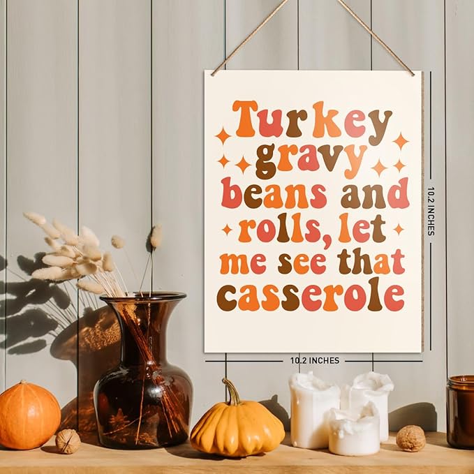 UDNADKEX Thanksgiving Decorations Hanging Sign, Autumn Fall Decor Wooden Wall Sign Thanksgiving Decorations, Turkey Gravy Beans and Rolls