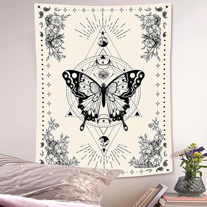 Lunerfex Boho Butterfly Tapestry Small Tapestry Tarot Tapestries Moon Phase Aesthetic Tapestries Wall Hanging for Bedroom and Living Room Decor Butterfly 60×80 Inches