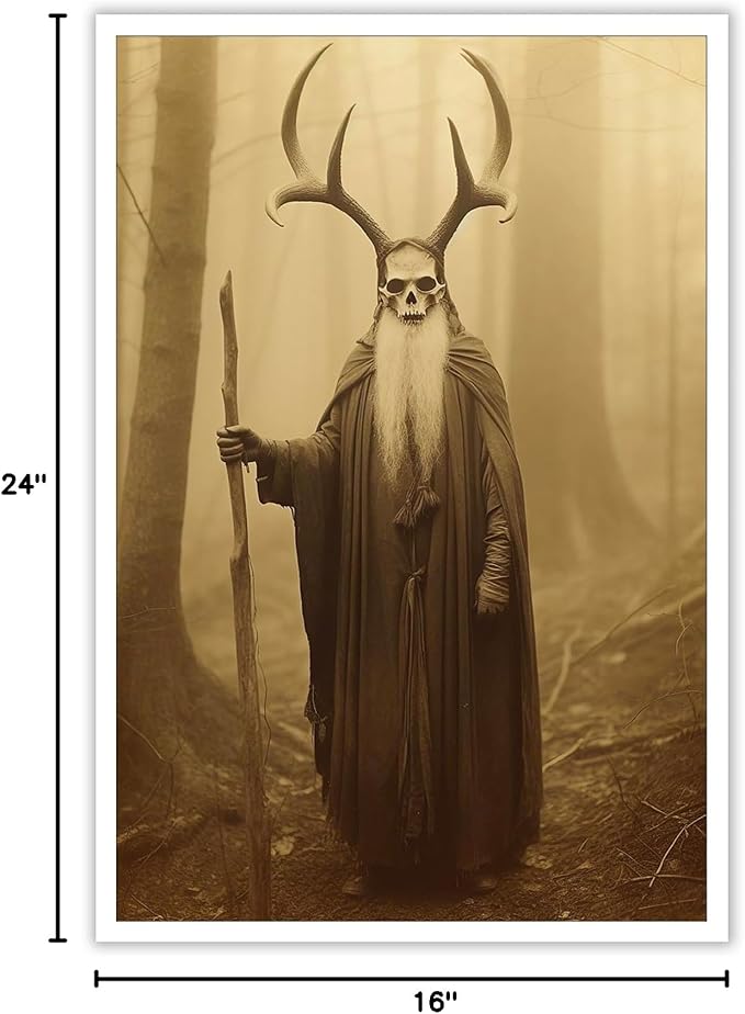 Skeleton Halloween Decor Occult Druid of the Forest Poster Canvas Wall Art Vintage Spooky Print Gothic Room Decor Dark Academia Decorations Bedroom Creepy Skull Picture 16X24inch Unframed