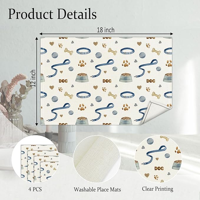 Dog Paw Print Placemats Set of 4, Puppy Pets Themed Table Mat for Home Kitchen, Restaurants, Outdoor Linen Washable Place Mats 12x18 inch Party Event Dining Decoration-08