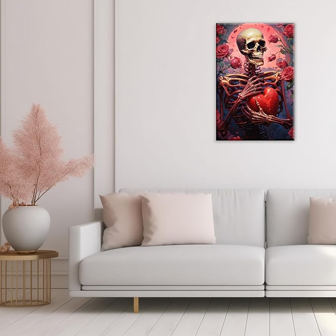 OAAPITI Skull Skeleton Canvas Wall Art Skull Holding Heart Picture Print Romantic Theme Painting Artwork Gothic Poster Wall Decor Living Room Halloween Decor(Artwork-1,12"x18")