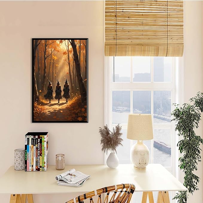 JFHCQJPK Three witches walking in the forest in autumn canvas painting gothic poster halloween print country witch wall art for home decoration8x12in Metal blackFramed