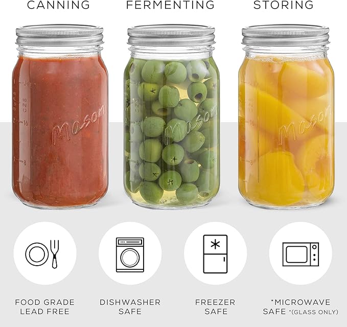 32 Oz Mason Jars With Lids, Labels and Measures! 6-Pack Wide Mouth Mason Jars, Glass Jar with Lid and Band. Airtight Canning Jars, Overnight Oats Jars, Salad Jars, Sourdough Starter Jar