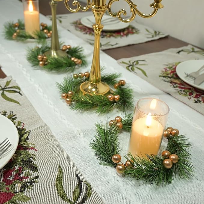 4pcs Christmas Candle Rings Wreaths Artificial Golden Berries Greenery Pine Needles Garland Christmas Wreath Candle Rings Holder for Wedding Christmas Table Centerpiece Home Dinner Table Decor