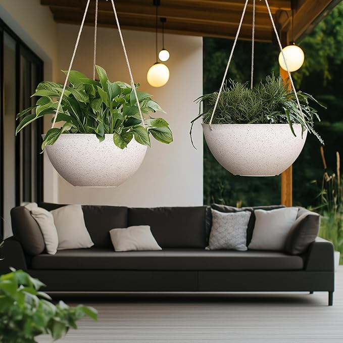 LA JOLIE MUSE Large Hanging Planters for Outdoor Plants - 13 Inch Hanging Flower Pots Set of 2, Speckled White