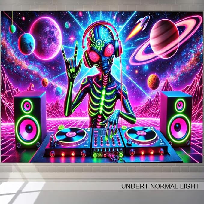 BlissYard Aliens Tapestry 78x59 Inch Blacklight DJ Aliens Tapestry Alien Tapestry for Men Guys Bedroom UV Reactive Alien Wall Tapestry Hanging Art Tapestry Room Decor Aesthetics Party Poster Banner