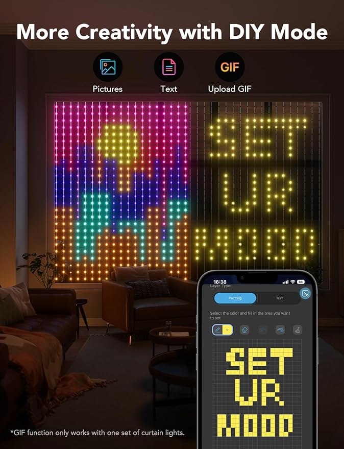 Govee Curtain Lights, Smart LED Color Changing Wall Lights, Dynamic DIY Curtain String Lights for Bedroom Living Room Holiday Decor, Outdoor IP65 Waterproof，4.9x6.6ft, 520 RGBIC LED