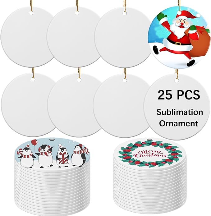 25 PCS Ceramic Sublimation Ornament Blanks Bulk 3 Inch White Round Crafts DIY Personalized Printed Christmas Home Porcelain Paintable Decorate