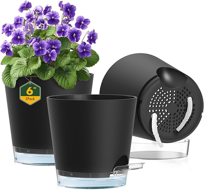 6 inch Self Watering Pots for Indoor Outdoor Plants, 3 Pack Flower Plant Pots with Drainage Holes and Clear Reservoirs, Visible Water Level, Plastic Planters with Wicking Rope, Black