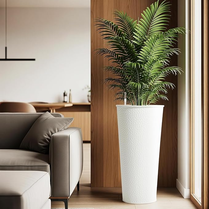 Worth Garden 2-Pack 28" H. Metal Planter with 2X Inside Pots - Hand-Hammered Texture Tall Cone Plant Pots - Large Handcrafted Flower Pot for Indoor Outdoor, Deck, Patio, Front Porch - White