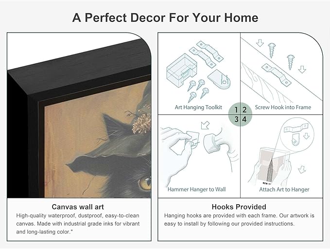 JFHCQJPK Vintage Halloween wall decoration black cat and magic book suitable for home bedroom living room decoration dark classic art witch wall decoration16x24in Metal blackFramed