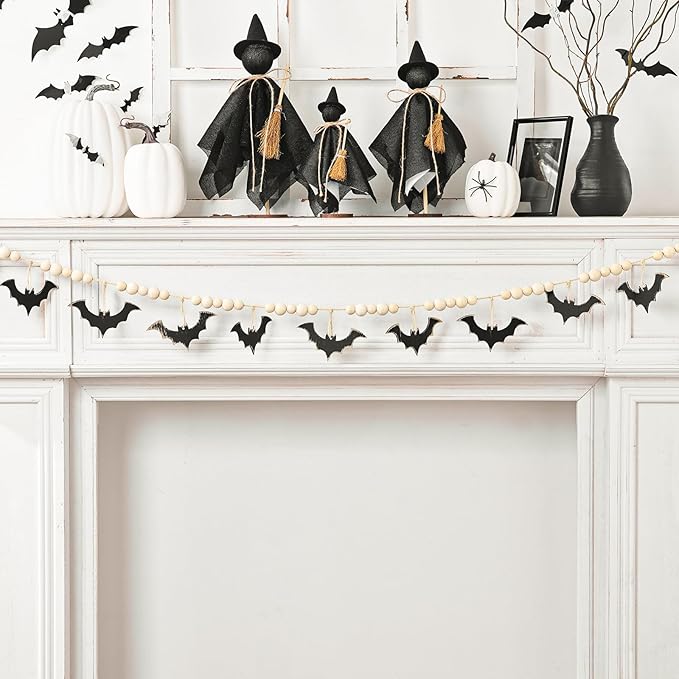Halloween Garland, Farmhouse Wood Bats and Bead Garland for Halloween Decorations, Bat Banner for Wall Home Indoor Outdoor Black Halloween Decor Supplies