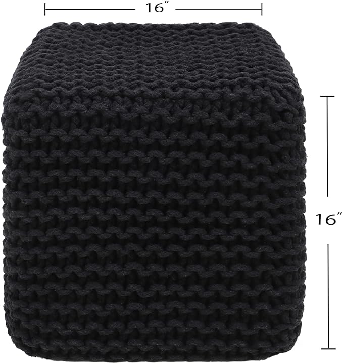 REDEARTH Cube Pouf Foot Stool Ottoman - Hand Knitted Poof - Cord Boho Pouffe - Home Décor - Stuffed Footrest for Living Room - Bedroom - Covered Patio (16" x 16" x 16") - Black
