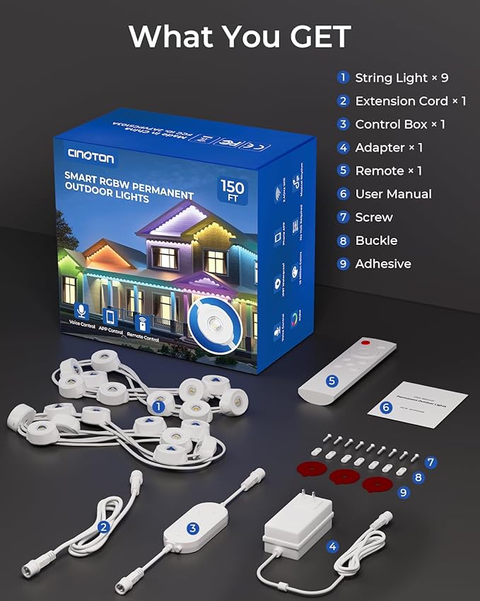 CINOTON Permanent Outdoor Lights 150ft, Smart RGBW Eaves Lights with 108 LEDs, IP67 Waterproof, 111 Scene Mode for Daily and Festival, Halloween Christmas Party Holiday Decor, APP/Voice/Remote Control