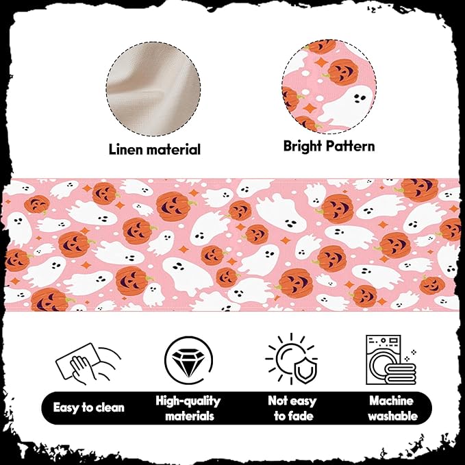 Halloween Table Runner Cute Spooky Ghost Pumpkin Table Linen Runner Pink Kitchen Dining Decoration Holiday Halloween Table Decoration for Holiday Indoor Outdoor Home Party Decor 13x36 Inch