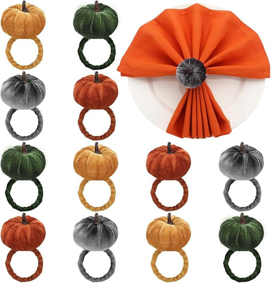 LemonRoad 12 Pcs Velvet Pumpkin Napkin Rings Bulk Fall Pumpkin Chic Napkin Holder Rings Buckle for Thanksgiving Day Xmas Holiday Birthday Anniversary Dinner Wedding Dining Table Decoration