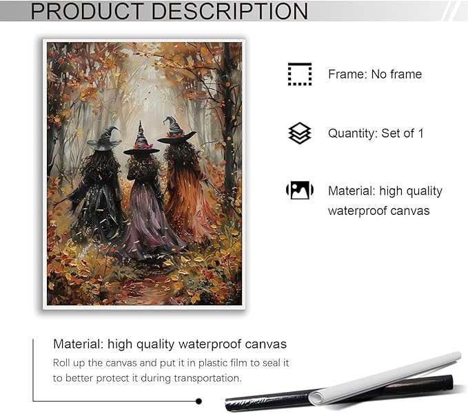 Generic Vintage Three Witches In The Forest Painting Witch Print Witchy Canvas Print Halloween Wall Art Halloween Decor Witch Poster Dark Academia Gothic Room Decor for Dorm Bedroom 12x16in Unframed