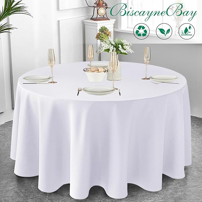 Biscaynebay Textured Fabric Round Tablecloths 108", White Water Resistant Table Cloth Circle Folding Table Covers Linen for Dining, Kitchen, Wedding and Parties etc. Machine Washable