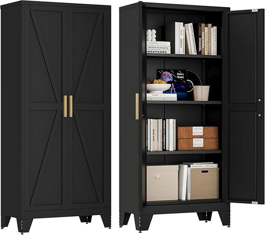 61" Tall Farmhouse Metal Pantry Cabinet, Kitchen Pantry Storage Cabinets with 2 Barn Door and Adjustable Shelves,Metal Pantry Storage Cabinet,for Kitchen,Laundry Room,Home Office,Kids Room (Black)
