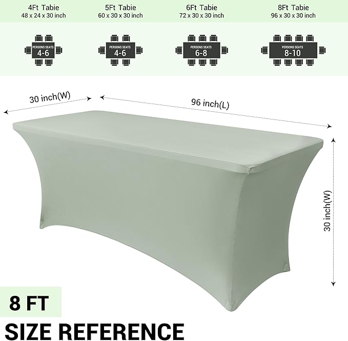 Obstal 2PC Sage Green Tablecloth - 8ft Rectangle Spandex Table Cover for Party, Events, Banquets & Weddings, Machine Washble