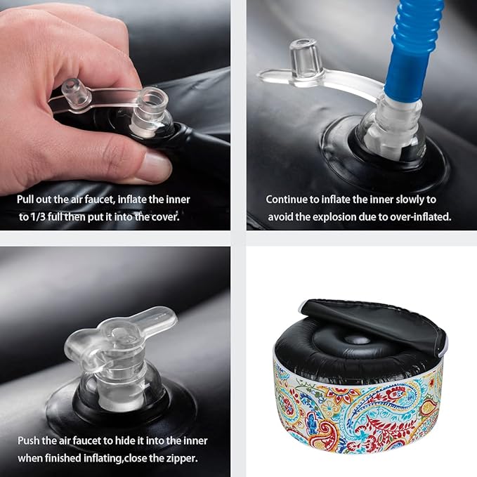 FUNHOME Inflatable Outdoor Ottoman with Air Pump,20"x9" Portable Patio Pouf,Water Resistant,Fade-Resistant,Round Blow Up Footrest Stools for Home Garden Camping Travel(Phoenix)