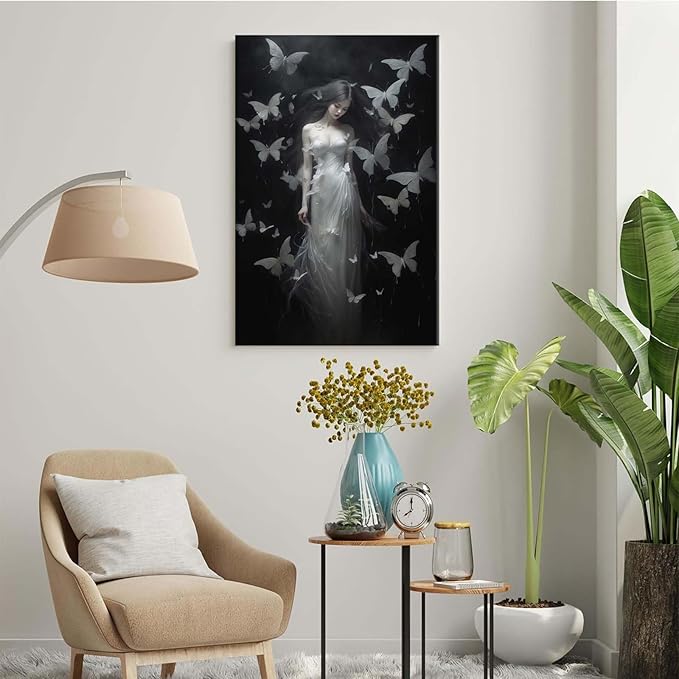 Vintage Gothic Feminine Canvas Wall Art Print Butterfly Poster Moody Female Wall Art Retro Artwork Dark College Decor for Home Bedroom20x30in Wood Framed
