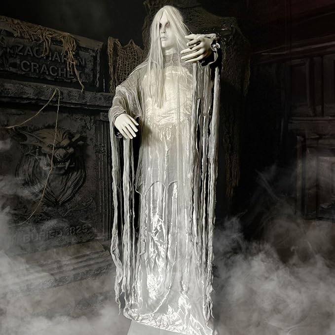 Haunted Hill Farm Rising Ghost Woman by Tekky, Battery-Operated, Sound Activated Animatronic with Sound Effects for Indoor or Covered Outdoor Creepy Halloween Decoration