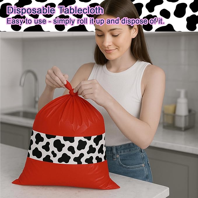 3 Pack 108 x 54 Inch Cow Print Tablecloth Cow Plastic Table Cover Birthday Party Table Cloth Disposable Plastic Farm Animal Party Cover for Disco Cowgirl Decorations Supplies Red