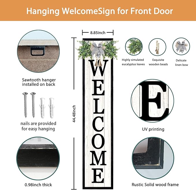 Surfapans Welcome Sign for Front porch Standing 45"X9"Large Wood Frame Outdoor Tall Welcome Signs Vertical Decor for Farmhouse Rustic Home Modern Outside Front Door Wall Decorations (Black)