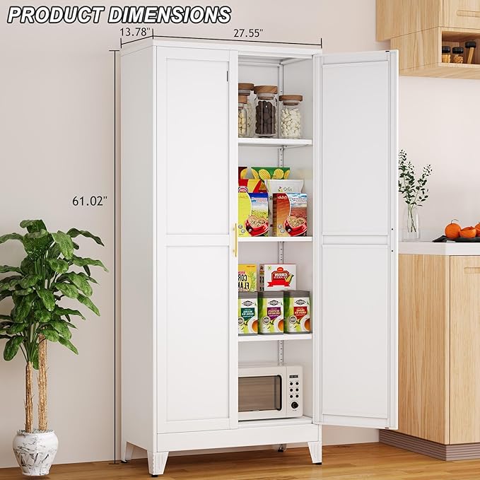 Metal Pantry Cabinet with 2 Doors and Adjustable Shelves - 61" Kitchen Storage Cabinet with Gold Handles - Versatile Storage for Kitchen, Bathroom, Dining Room, Utility Room - White
