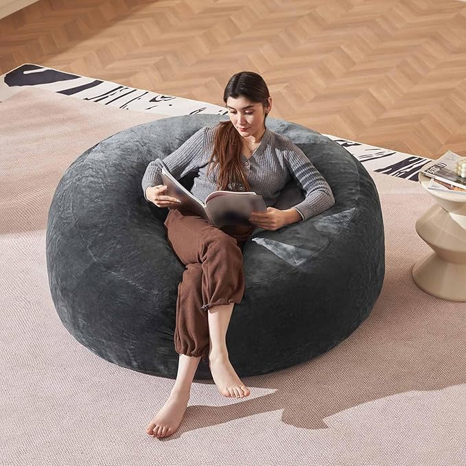 Bean Bag Chair 5Ft, Memory Foam Filled, Large Beanbag Chairs for Adults and Teens, Soft Sofa with Removable Flannel Cover, Round Couch for Living Room Bedroom College Dorm (Dark Gray, 5FT-60×60"×24")