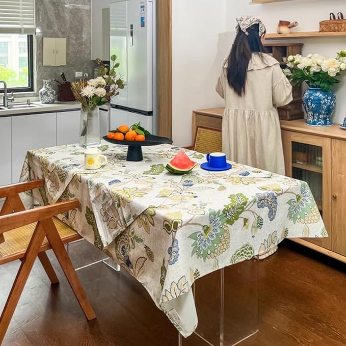 Boho Rectangle Outdoor Tablecloth, Waterproof Spill-Proof Table Cloth, Linen Polyester Floral Decorative Fabric Table Cover for Outdoor, Easter, Party, Dining - 84''x60''
