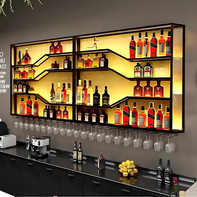 78.8in Wall Mounted Wine Rack with LED Light, 5-Tiers Liquor Bottles Display Shelf with Glasses Holder, Metal Home Bar Shelves with Industrial Iron Frame for Kitchen(Black, 78.8in/6.56ft)