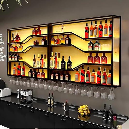 118in Wall Mounted Wine Rack with LED Light, 5-Tiers Liquor Bottles Display Shelf with Glasses Holder, Metal Home Bar Shelves with Industrial Iron Frame for Kitchen (Black, 118in/9.84ft)