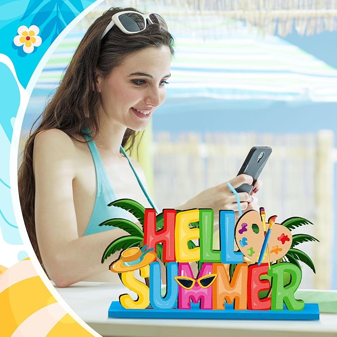 6 Pcs Hello Summer Table Decoration Happy Last Day of School Table Sign School's out of Summer Vacation Pool Wooden Tabletop Centerpieces for Holiday Party Supplies Home Decor