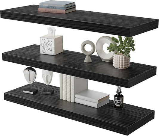 Large Floating Shelves for Wall Set of 3 Wooden Wall Shelves 36 in x 12.75 in x 2 in Room Decor Long Shelf with Invisible Wall Mount Bracket for Bedroom Kitchen Living Room Black Wood