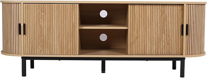 62" Tambour Door TV Stand,Wood Mid Century Modern TV Cabinet for Up to 75“ TV,Curved Edge Long TV Stand with Storage for Bedroom Living Room (Natural, 62.2inch)