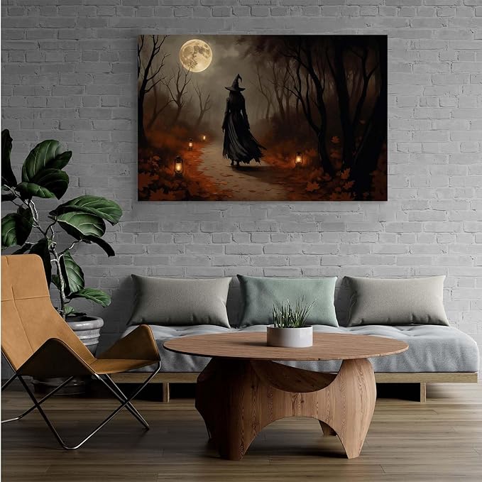 Moonlight witch poster dim lantern Halloween decoration Gothic style dark retro college style canvas wall art suitable for living room bedroom28x40in Wood Framed