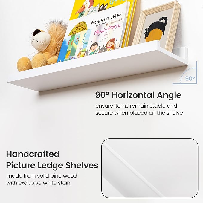 Picture Ledge Shelf for Wall, 36 inch Solid Pine Wood Nursery Book Shelves 2 Packs, Floating Ledge Shelves for Kids' Room Bedroom Bathroom Living Room Photo Frames Office Nursey Wall Decor, White