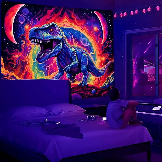 Dinosaur Wall Art, Blacklight Posters for Boys Room, UV Tapestry for Bedroom, Trippy Kids Wall Hanging, Dino Wall Decor (29x37in)