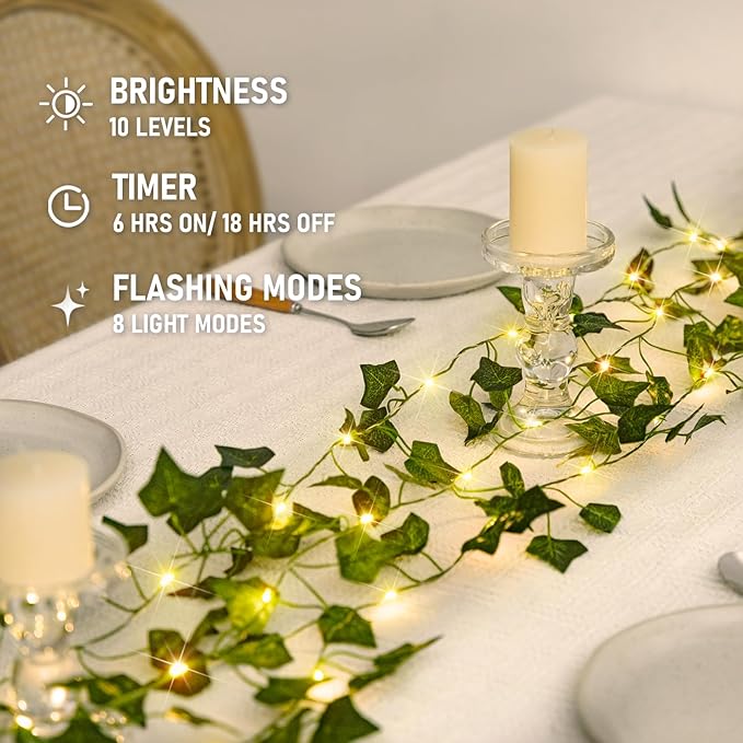 JMEXSUSS 33Ft Vines with Lights Battery Operated, 100 LED Ivy Vines with Fairy Lights Leaf with Remote for Bedroom Wall Classroom Dorm Wedding Birthday Party Decor(Warm White)